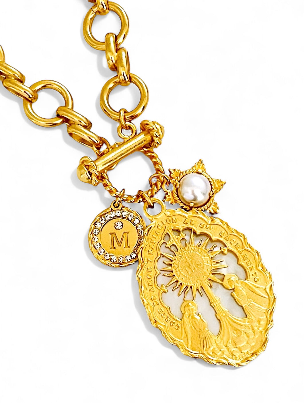 ONLY 1 LEFT!!! NEW!!! SAGRADO SACRAMENTO with ISABELA Chain Pearl Ray Charm & Pave Initial ✨ Short Necklace 20”✨Choose Initial Below ⬇️