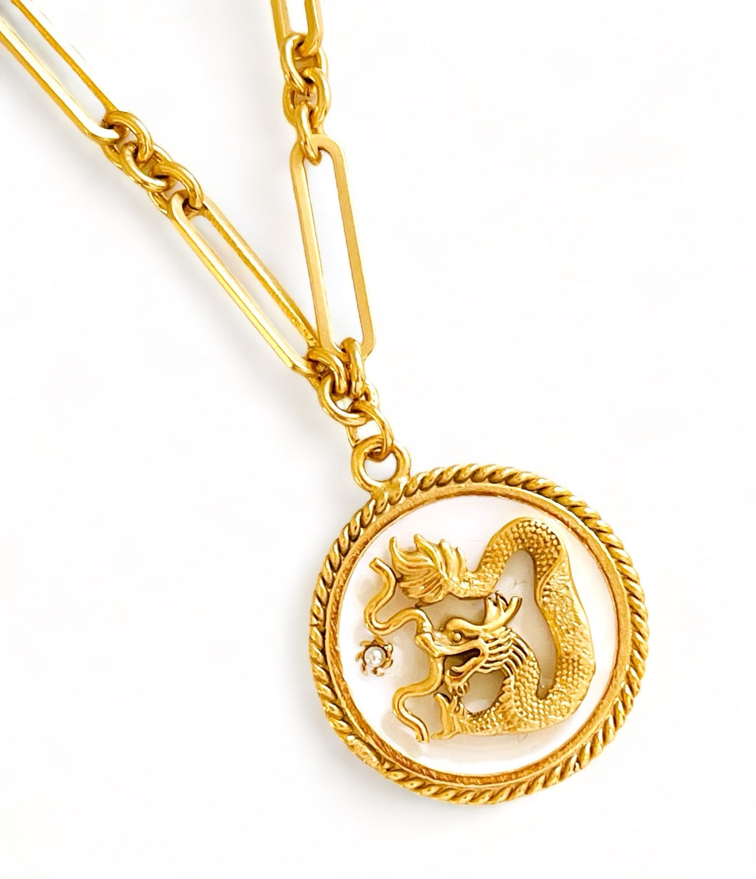 ONLY 1 LEFT!!! Dragon 🐉 White Enamel Disk Pendant with White Pearl & SOFIA Chain ✨ Short Necklace 16”-18” 🧧