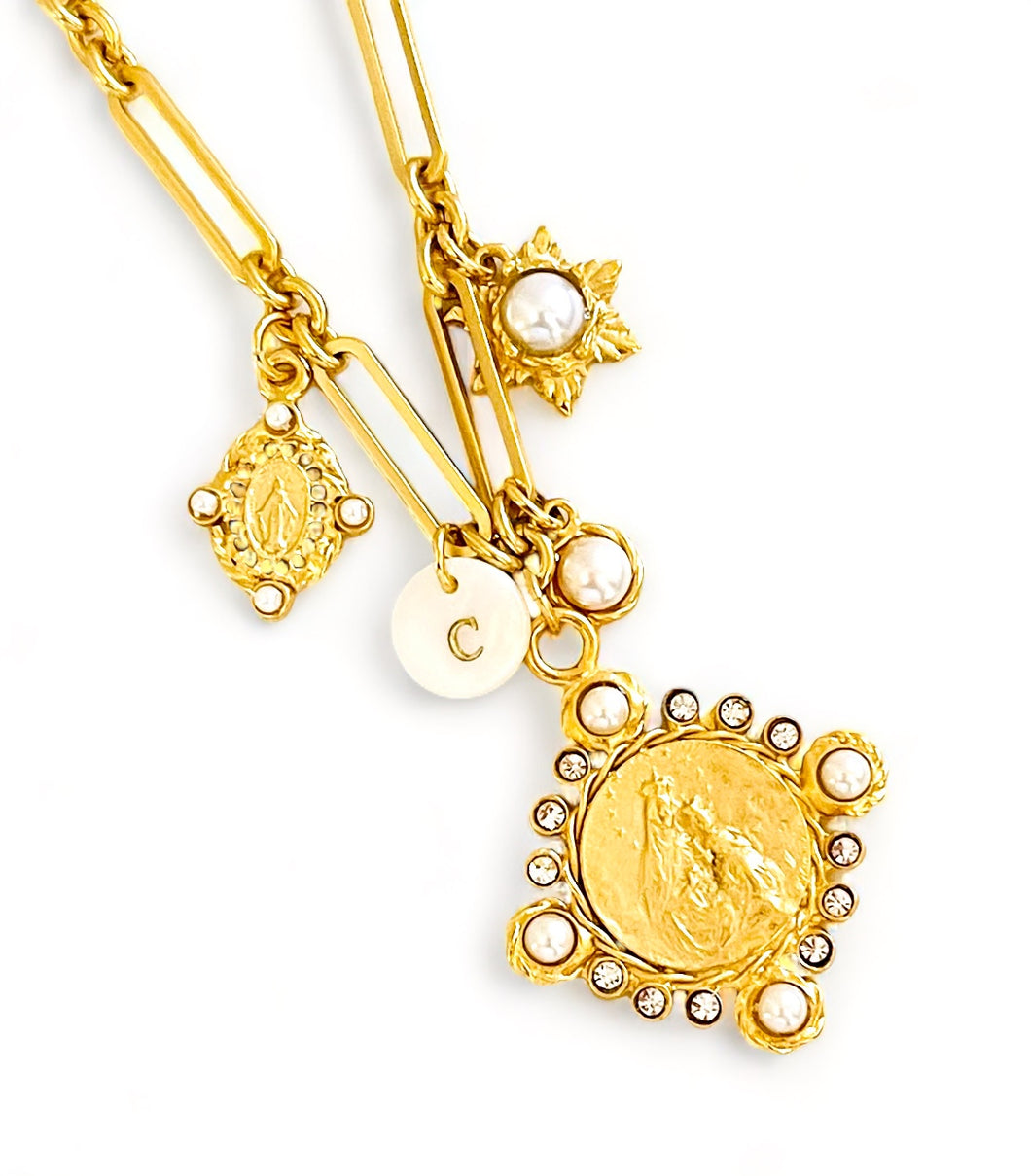 ONLY 1 LEFT!!! Virgen del CARMEN Charm Pendant w/ Pearl & CZ “Escapulario” with “Sagrado Corazón de Jesus” on the Back ✨ SOFIA Chain Short Necklace 18”-20” ✨ Choose Initial Below ⬇️