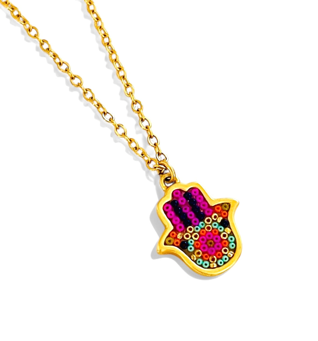 ONLY 1 LEFT!!! HAMSA 🌟👁️🪬Necklace ✨with Gold Plate 18K 🧿 with Handmade Beaded Pattern ✨Short 16”-18”
