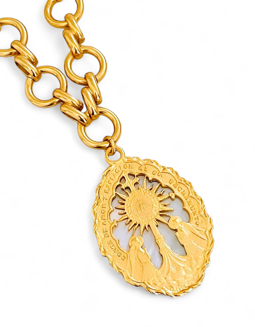 ONLY 1 LEFT!!! NEW! SAGRADO SACRAMENTO ✨ Medallion with “Nácar” Freshwater Shell Back ✨ A work of Art 🖼️ with ISABELA Chain Long Necklace  30”