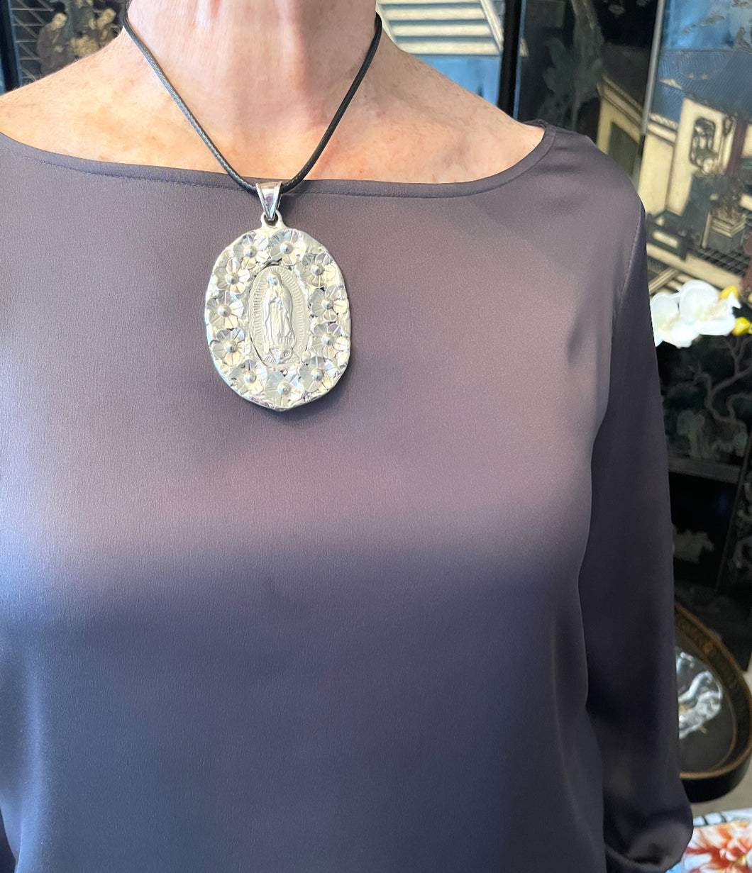 ONLY 1 LEFT!!! LA GUADALUPE & Flowers 🌺 Pendant with Black Cording ✨Choose Necklace Length Below ⬇️