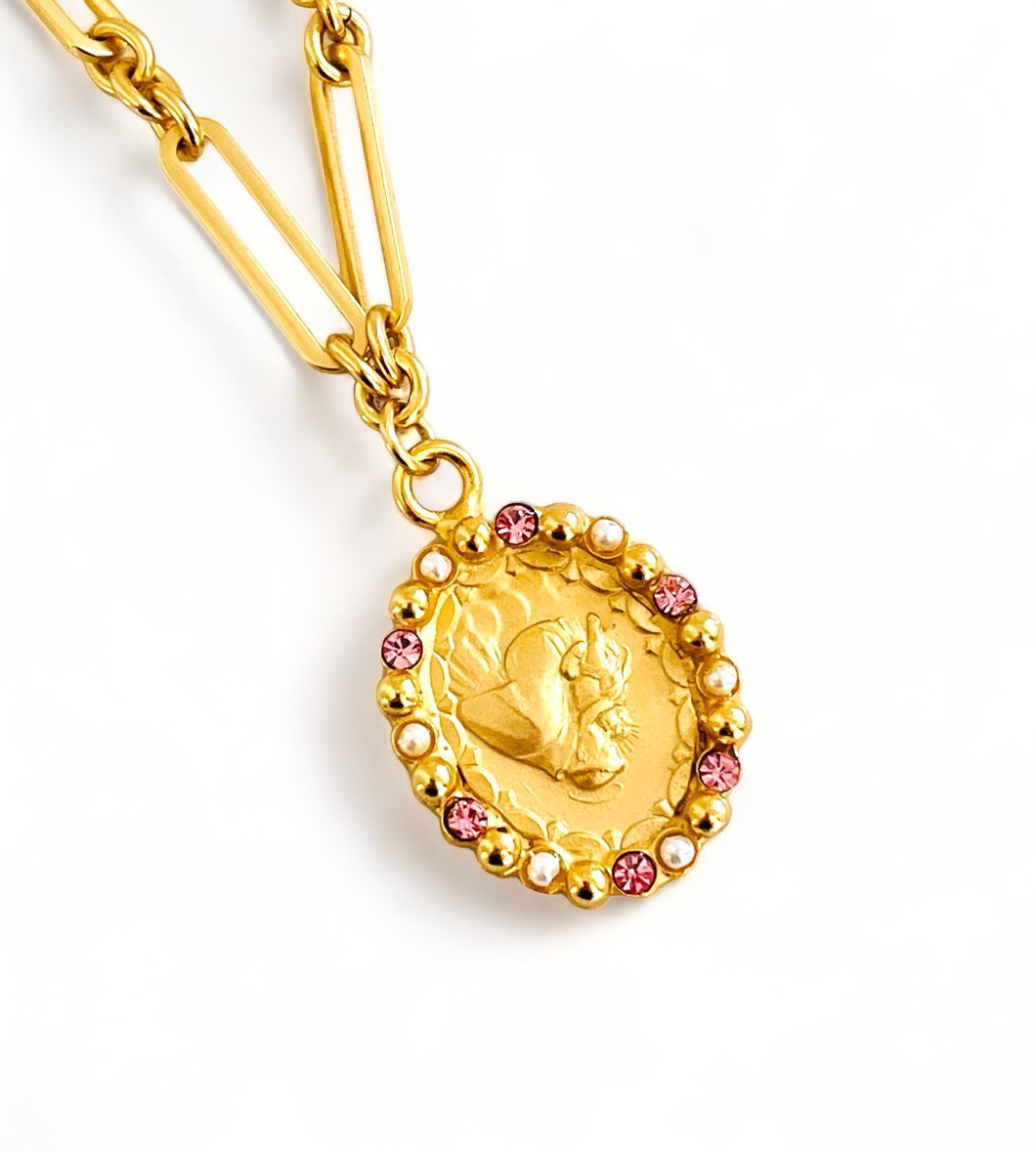 ONLY 3 LEFT!!! NEW! San Antonio “DE CABEZA” with Rose Crystals for Love Energy & Pearl 💖 SOFIA Chain Short 18”-20”