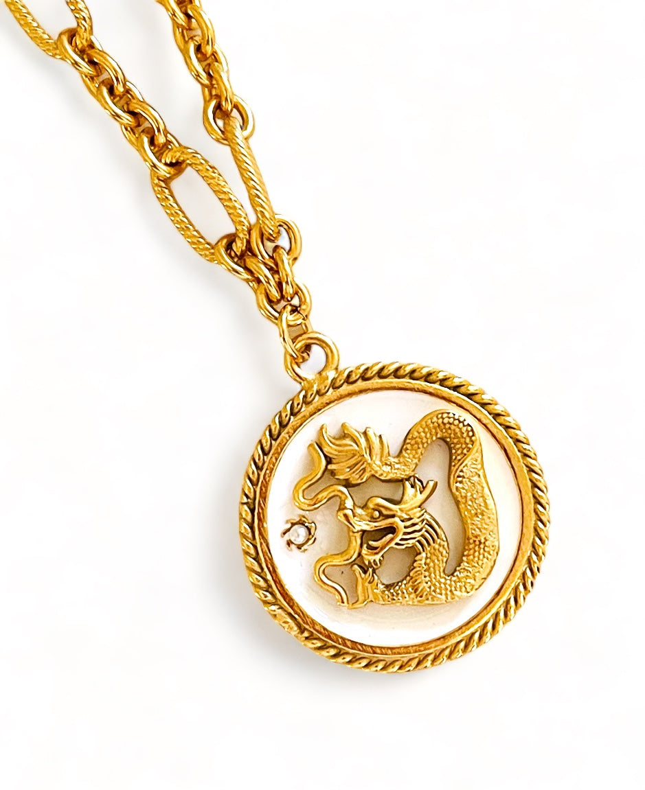 ONLY 1 LEFT!!! Dragon 🐉 White Enamel Disk Charm Pendant with White Pearl & REGINA Chain ✨ Long Necklace 30” 🧧