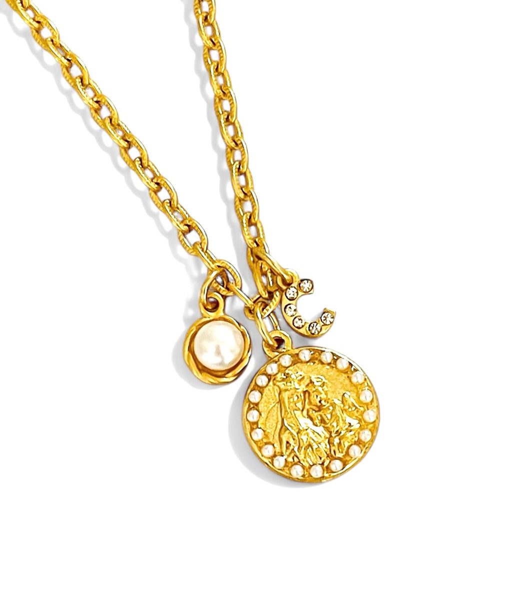 Virgen del Carmen Mini Oval Pearl Charm with Pearl Charm on CAMILA Chain 16” Adj to 18” ✨ Choose Initial ⬇️