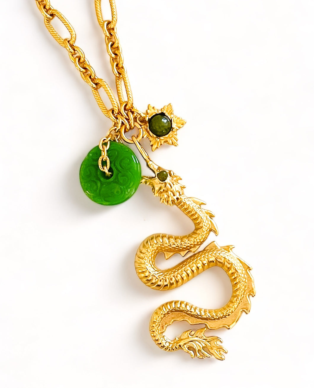ONLY 1 LEFT!!! Dragon 🐉 with Jade Eye 💚 👁️ & Jade Charms & Carved Jade Disk with REGINA Chain ✨ Short Necklace 20”-22” 🧧