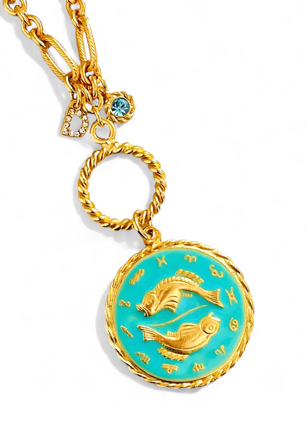 ONLY 3 LEFT!!! PISCES ♓️ Enamel Medallion with Birthstone & Initial with Regina Chain 18” Adj to 20” ✨ Choose Birthstone & Pave Initial ⬇️