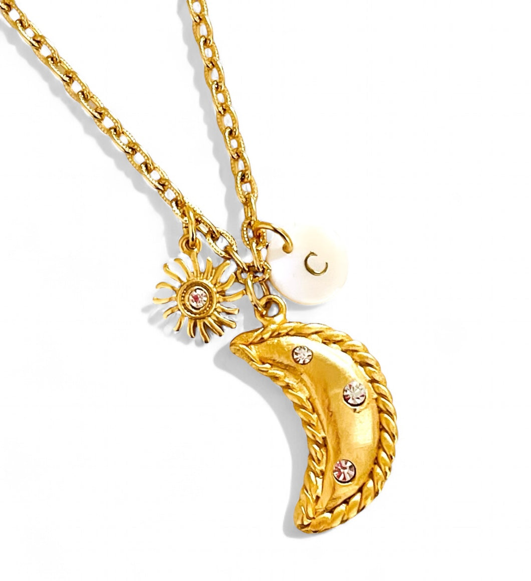 ONLY 1 LEFT!!! Half Moon π with Crystals & Sun βοΈ Charm with Initial β¨ CAMILA Chain 16β Adj to 18β β¨ Choose Initial β¬οΈ