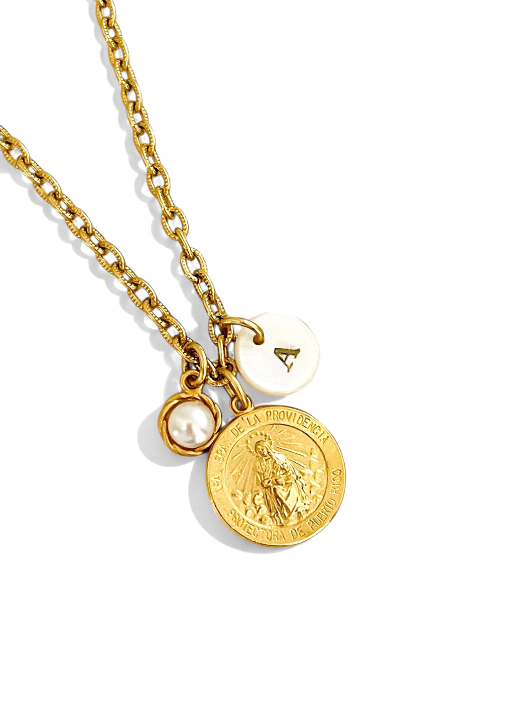 ONLY 2 LEFT!!! NEW!!! La Providencia ✨ Patrona de Puerto Rico 🇵🇷 with Pearl ✨ CAMILA Chain ✨Short Necklace 18-20”✨ Choose Initial Below ⬇️