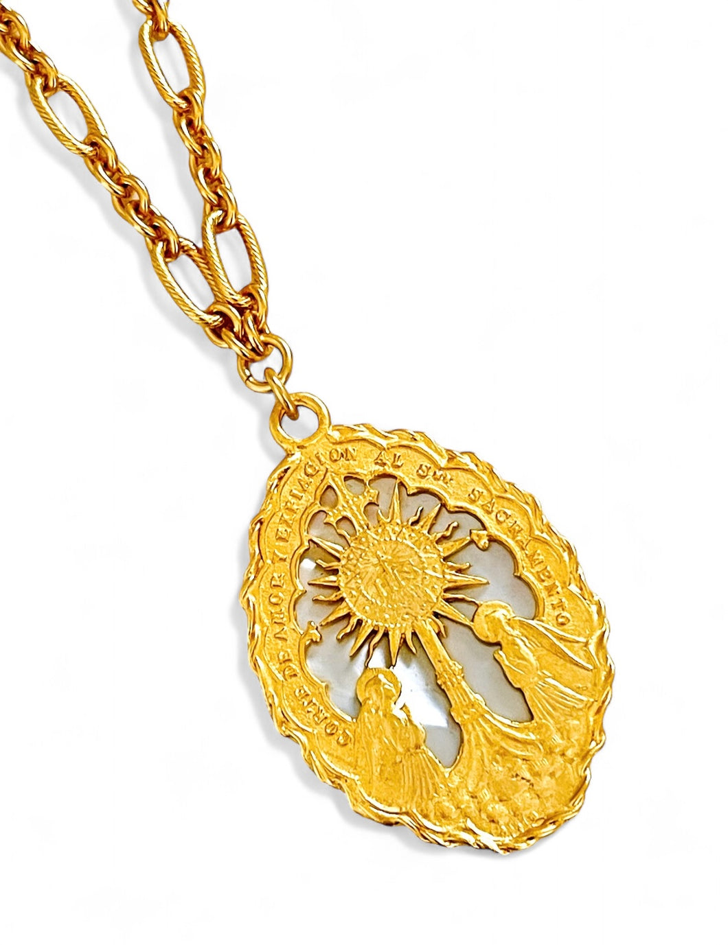ONLY 2 LEFT!!! NEW! SAGRADO SACRAMENTO ✨ Medallion with “Nácar” Freshwater Shell Back ✨ A work of Art 🖼️ with REGINA Chain Long Necklace  30”
