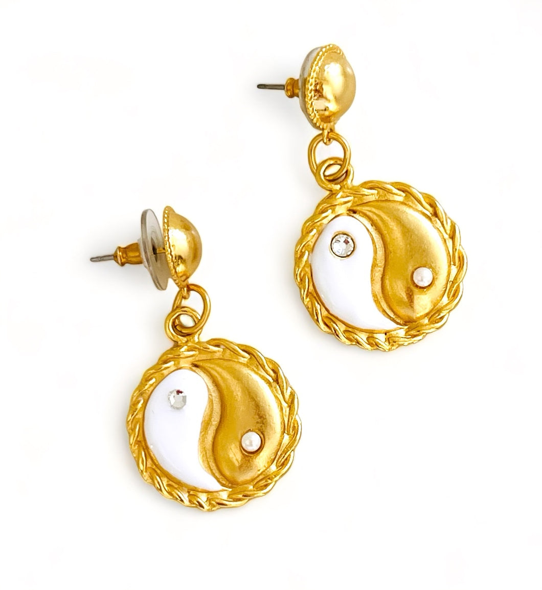 ONLY 2 LEFT!!! Yin & Yang Earrings White Enamel with CZ & Pearl