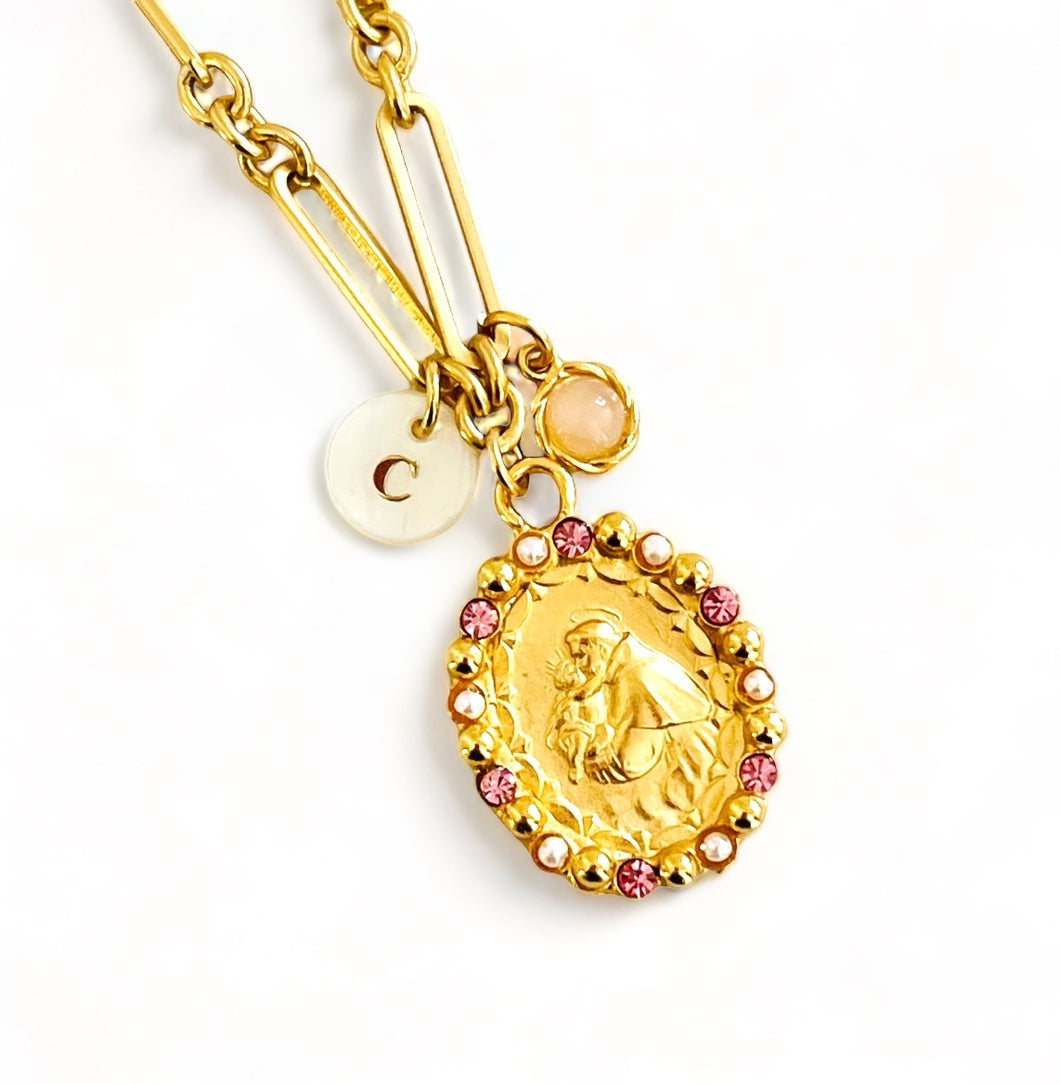 ONLY 2 LEFT!!! NEW! San Antonio with Rose Crystals 💖 & Pearl ✨SOFIA Chain✨ Short Necklace 18-20” Choose Nácar Initial Below ⬇️