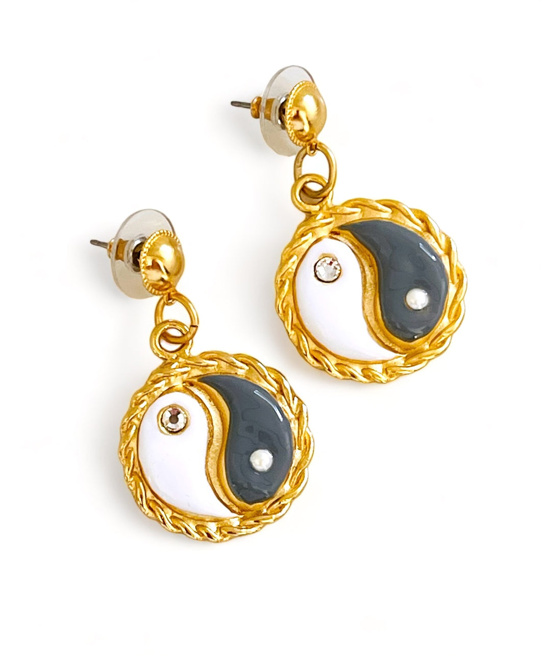 ONLY 1 LEFT!!! Yin & Yang Earrings Gray & White Enamel with CZ & Pearl