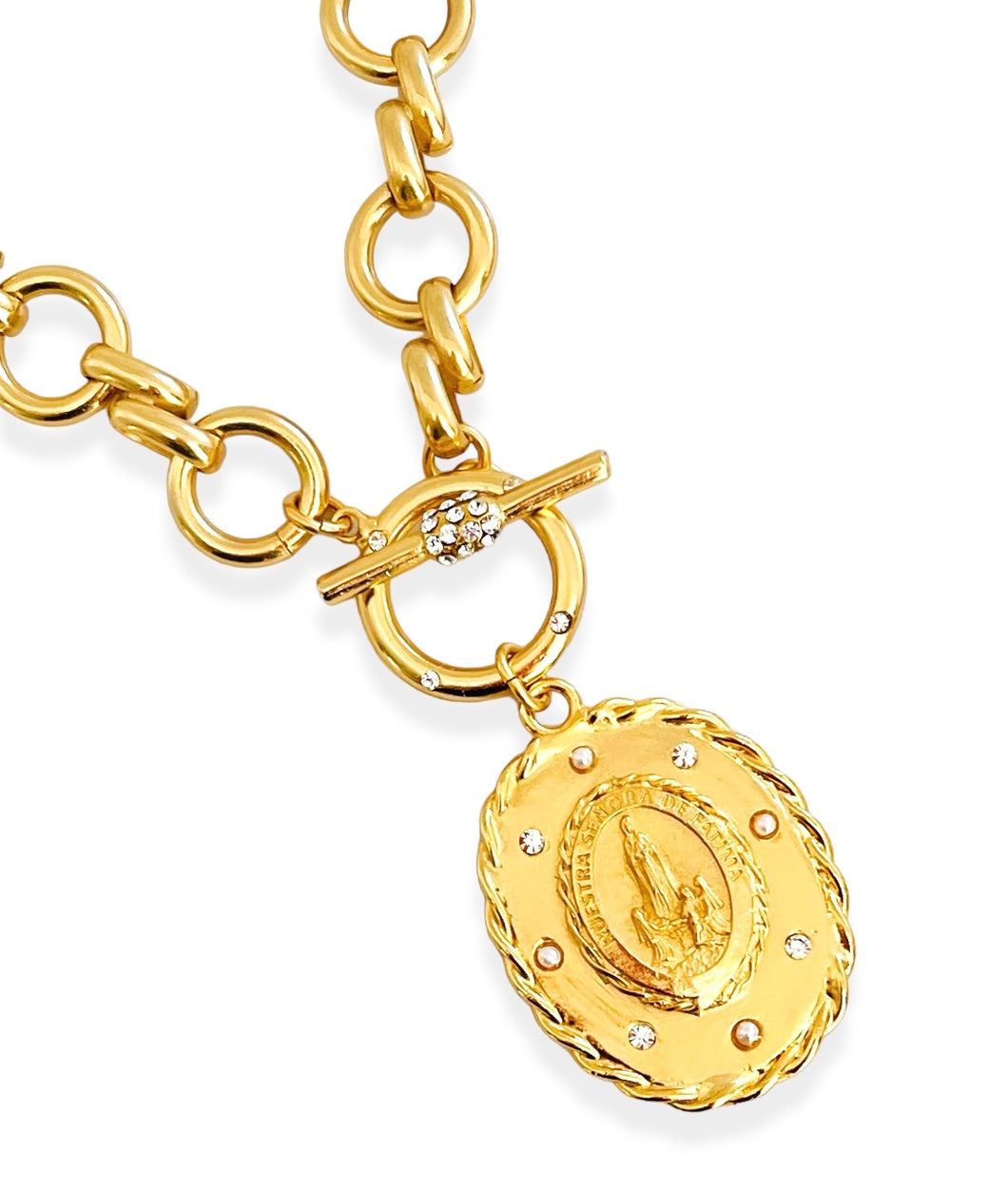 SOLD OUT!!! NEW! Virgen de FATIMA Oval with ISABELA Chain Pearl & CZ Pendant ✨SHORT Toggle Necklace 20”