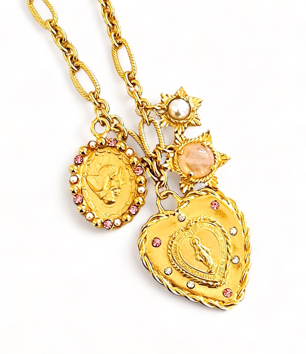 ONLY 1 LEFT!!! NEW! HEART Milagrosa & San Antonio de CABEZA Charm with Rose Crystals Love Energy 💗 Rose Quartz & Pearl ✨REGINA Chain✨ Long Necklace 30”