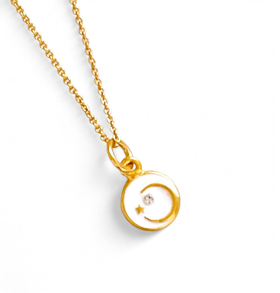 SOLD OUT!!! Half Moon 🌙 & Star 🌟 with Crystal & White Enamel✨ MIA Thin Chain 16”-18”