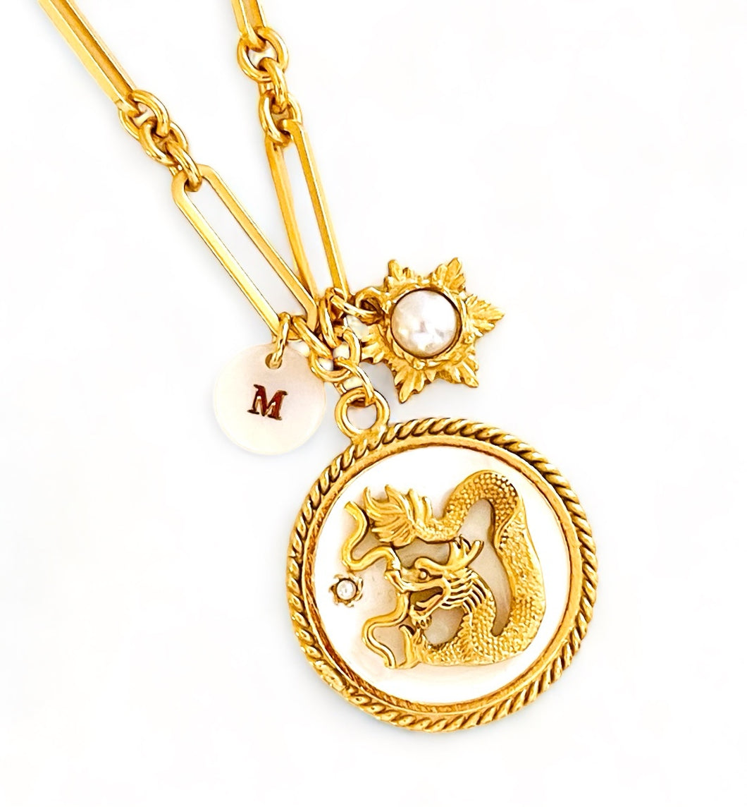ONLY 1 LEFT!!! Dragon π White Enamel Disk Charm Pendant with White Pearl Charm, Initial & SOFIA Chain β¨ Short Necklace 16β-18β β¨ π§§ CHOOSE Initial Below β¬οΈ