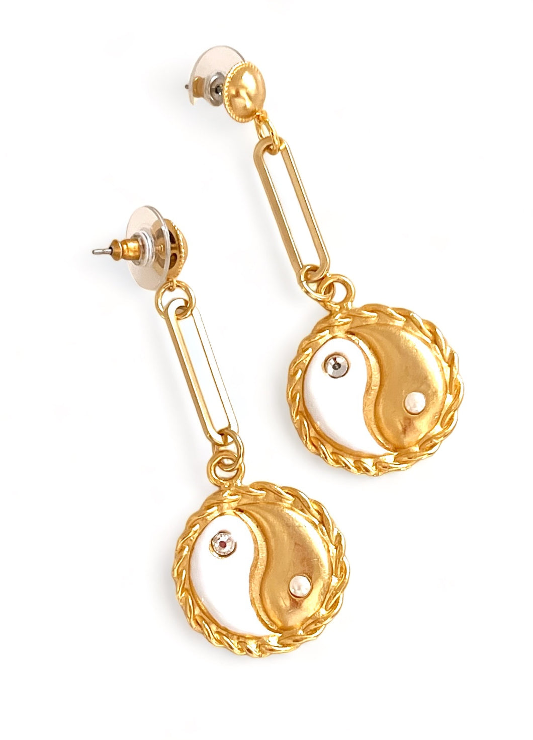 ONLY 1 LEFT!!! Yin & Yang Elongated Earrings White Enamel with CZ & Pearl