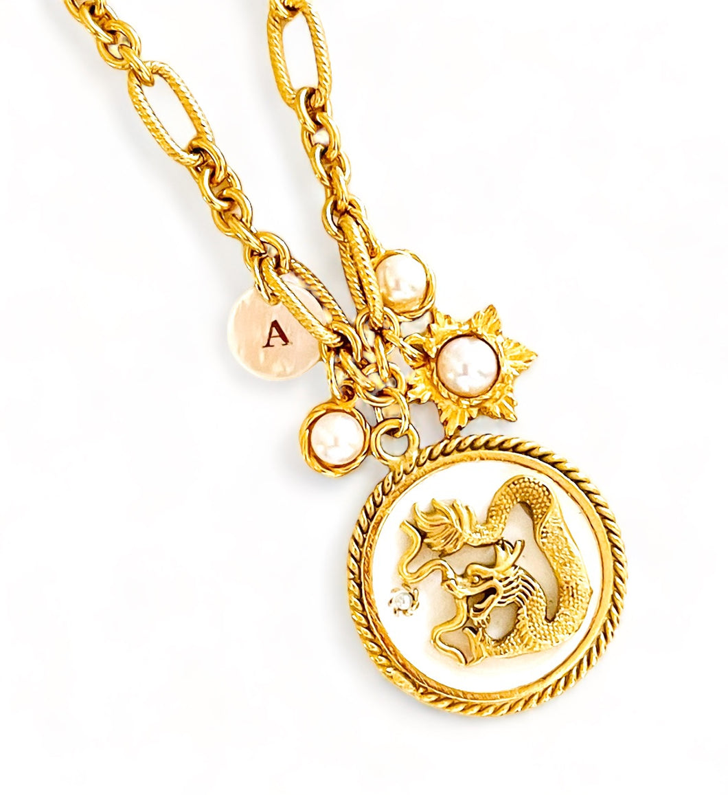 ONLY 1 LEFT!!! Dragon π White Enamel Charm Disk Pendant with White Pearl Charms, Initial & REGINA Chain β¨ Long Necklace 30ββ¨ π§§ CHOOSE Initial Below β¬οΈ