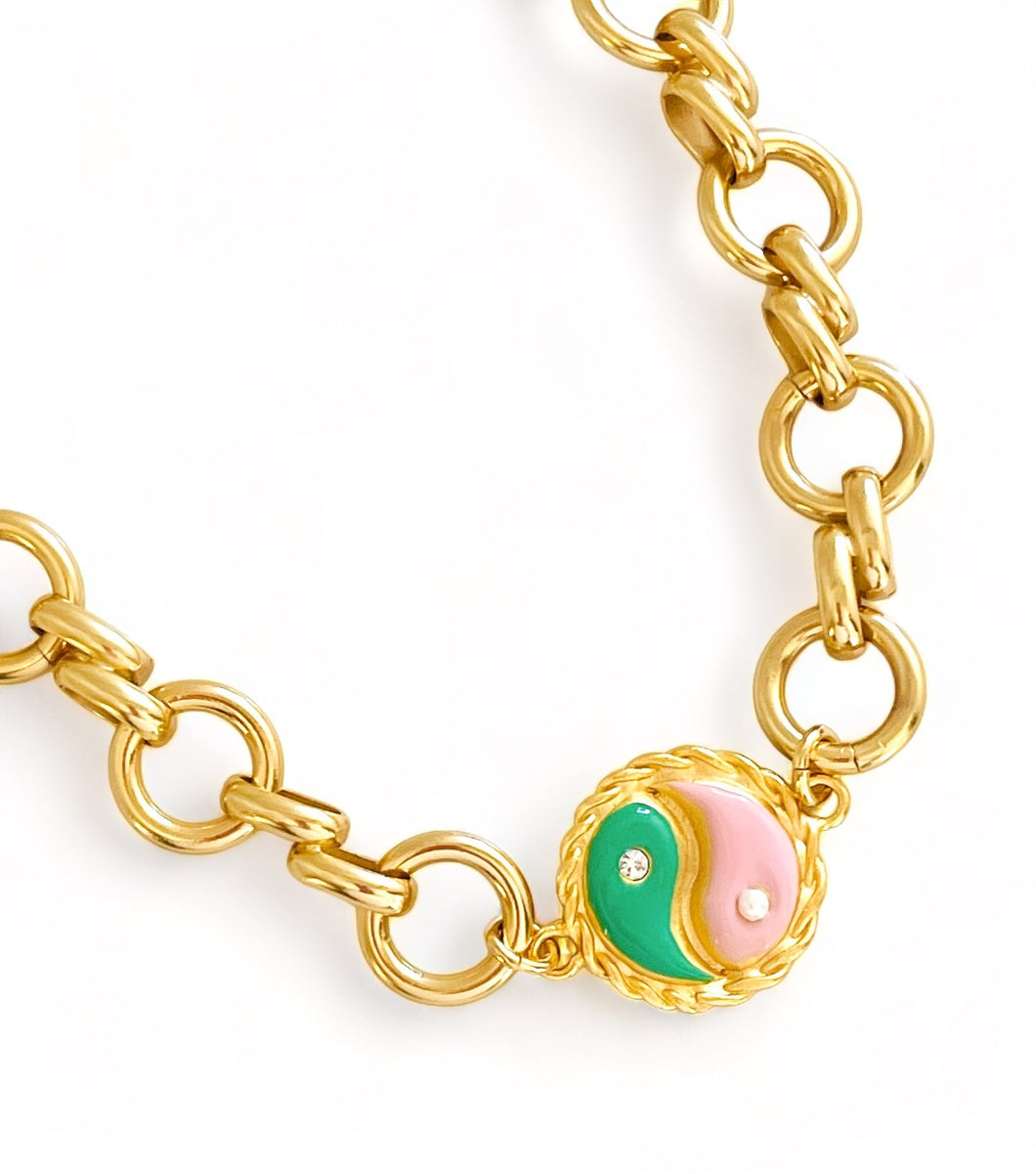 ONLY 1 LEFT!!! Yin & Yang Side Pink & Green Enamel with CZ & Pearl ✨ ISABELA Chain with Pave Toggle Short Necklace 20”