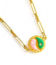 SOLD OUT!!! Yin & Yang Side Green & Pink Enamel with CZ & Pearl ✨ SOFIA Chain Short Necklace 16”-18”