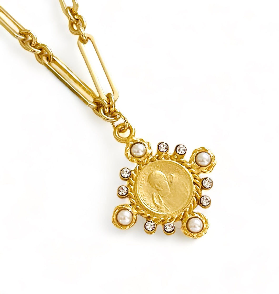 PADRE PIO Charm with Pearl & CZ ✨ Escapulario with Virgen de la Gracia on the Back ✨ SOFIA Chain Necklace 18”-20”