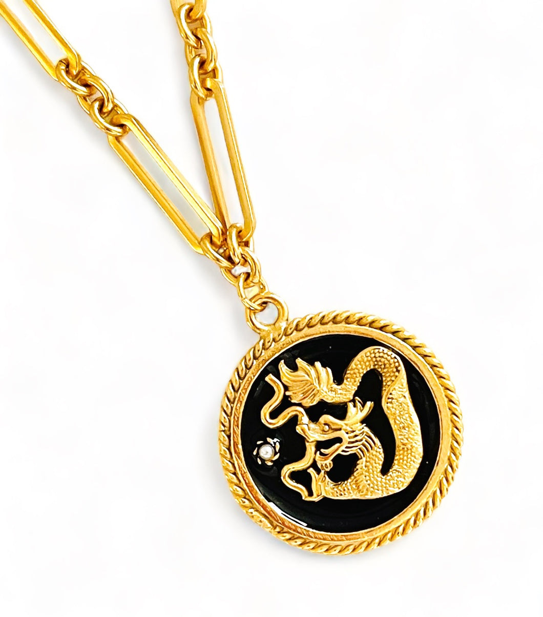 ONLY 1 LEFT!!! Dragon 🐉 Black Enamel Disk Charm Pendant with White Pearl & SOFIA Chain ✨ Short Necklace 16”-18” 🧧