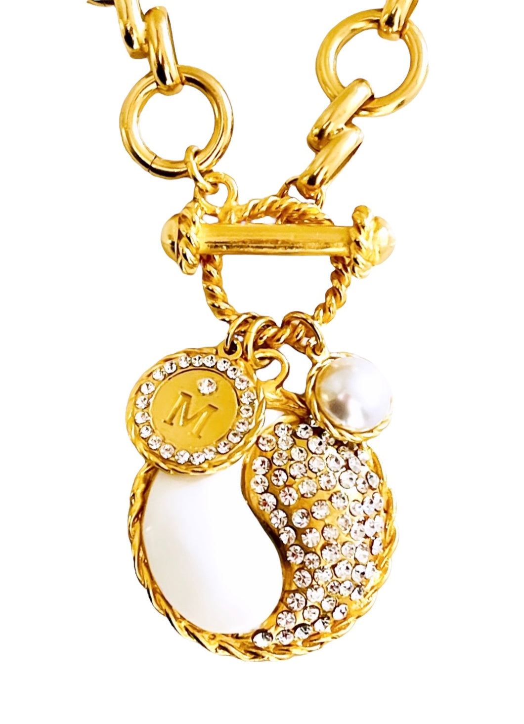 ONLY 2 LEFT!!! Yin & Yang White Enamel & Pave Medallion Multi Charm with Pearl & BLING Initial✨ ISABELA Chain Short Necklace 20” Choose Initial Below ⬇️