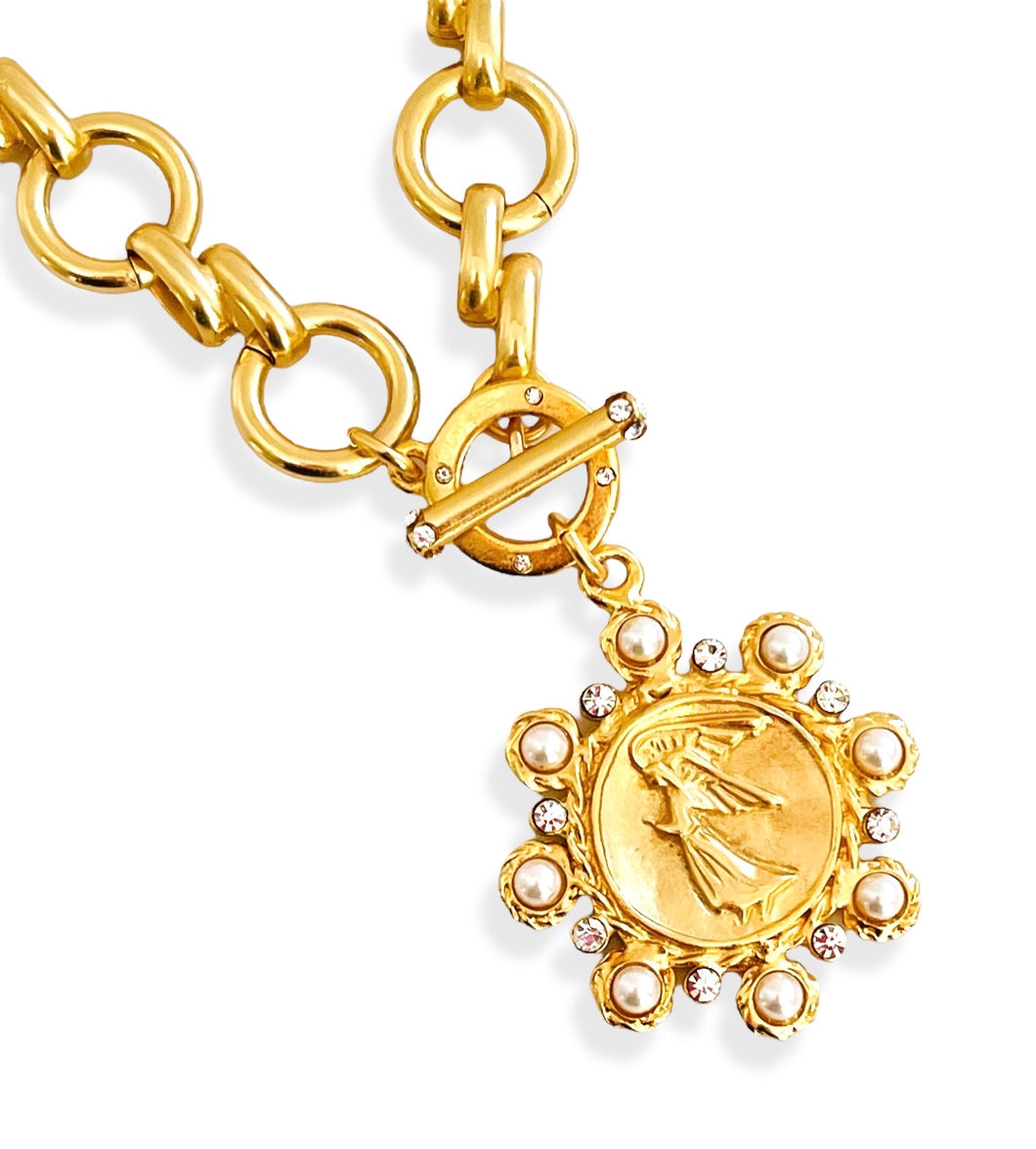 SOLD OUT!!! NEW! Guardian Angel with ISABELA Chain ✨ Pearl & CZ Pendant ✨SHORT Toggle Necklace 18”