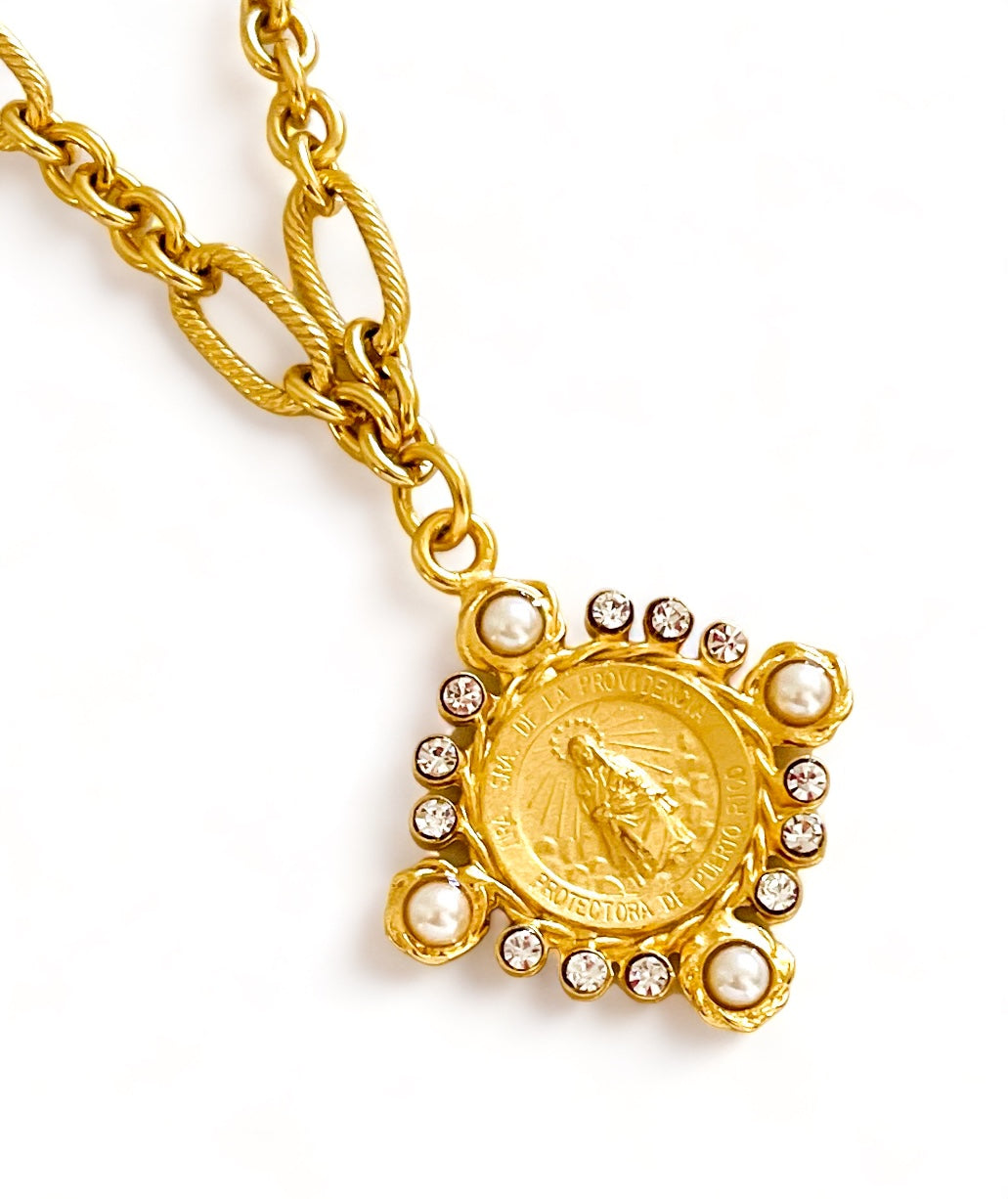SOLD OUT!!! NEW!!! ONLY 1 LEFT!!! Virgen de la PROVIDENCIA, Patrona de Puerto Rico, Charm with Pearl & CZ ✨ REGINA Chain Short Necklace 18”-20”