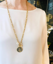 ONLY 1 LEFT!!! Dragon 🐉 Black Enamel Charm Disk Pendant with White Pearl Charms, Initial & REGINA Chain ✨ Long Necklace 30”✨ 🧧 CHOOSE Initial Below ⬇️