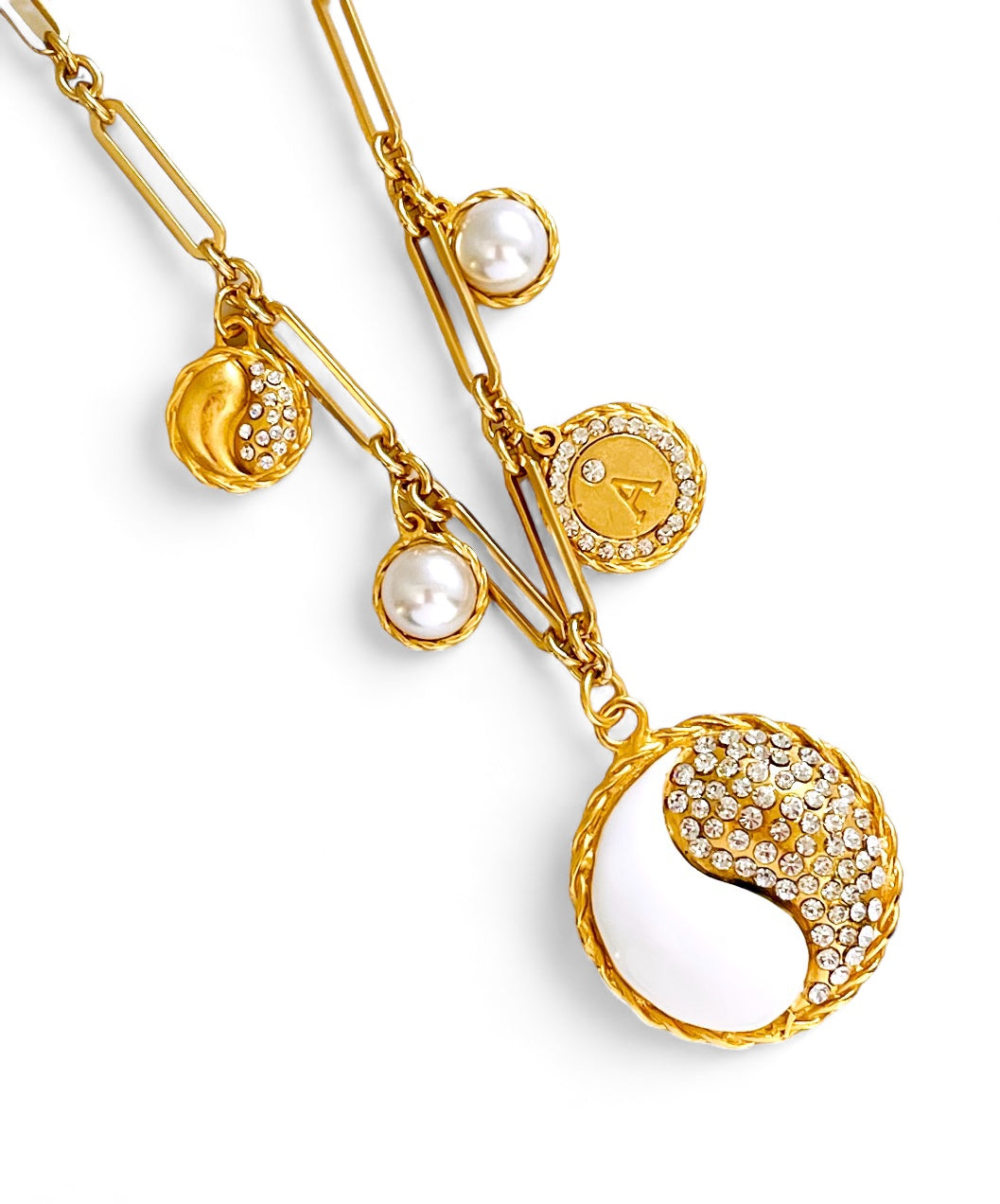 ONLY 2 LEFT!!! Yin & Yang White Enamel & Pave Medallion Multi Charm with Pearl & BLING Initial✨ SOFIA Chain Long Necklace 30” Choose Initial Below ⬇️