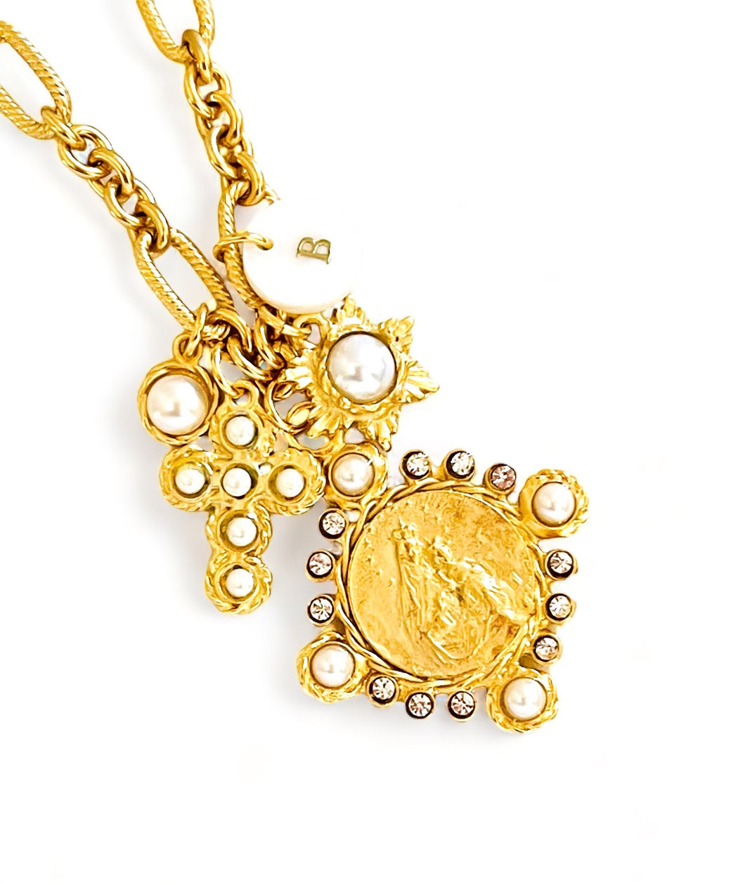 ONLY 2 LEFT!!! Virgen del CARMEN Charm Pendant w/ Pearl & CZ “Escapulario” with “Sagrado Corazón de Jesus” on the Back ✨ REGINA Chain ✨ Short Necklace 18”-20” ✨ Choose Initial Below ⬇️