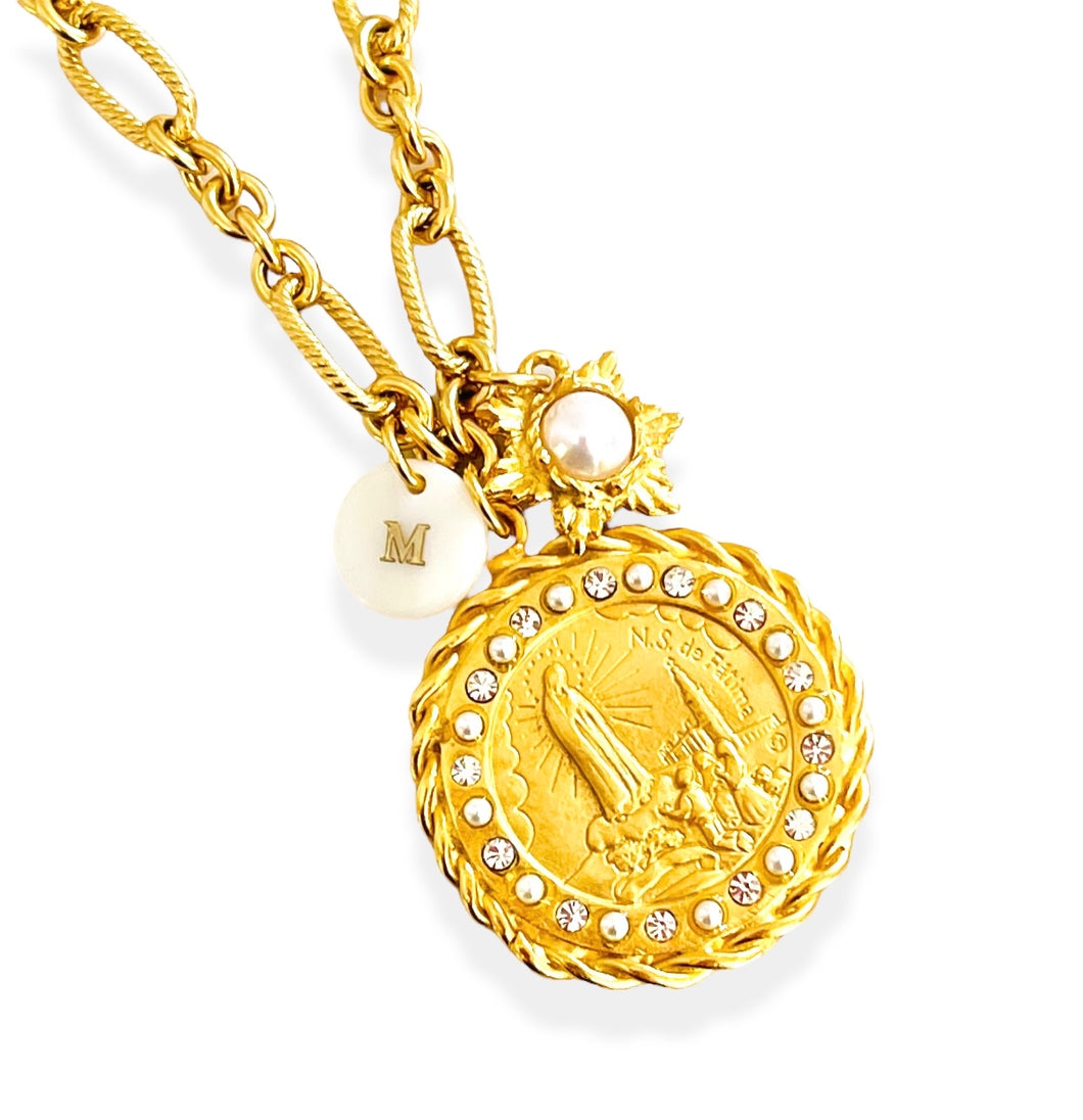 ONLY 1 LEFT!!! NEW! Virgen de FATIMA Round with REGINA Chain✨ Short Necklace 20” Choose Initial Below ⬇️