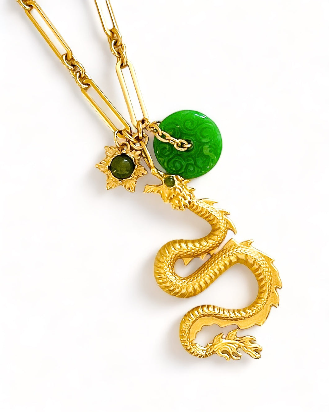 ONLY 1 LEFT!!! Dragon π with Jade Eye π ποΈ & Jade Charms & Carved Jade Disk with SOFIA Chain β¨ Long Necklace 30β π§§