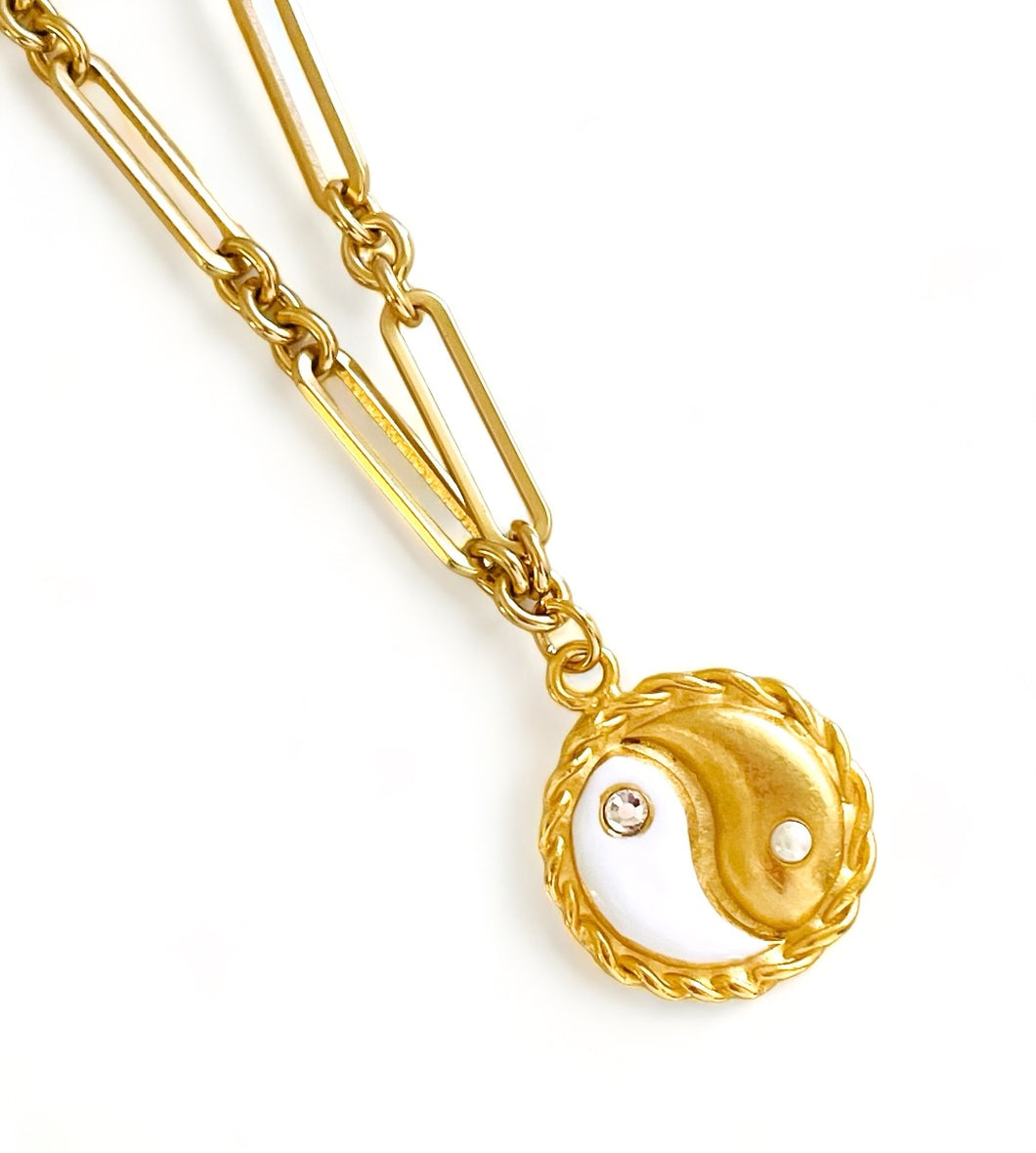 ONLY 2 LEFT!!! Yin & Yang White Enamel with CZ & Pearl ✨ SOFIA Chain Long Necklace 30”