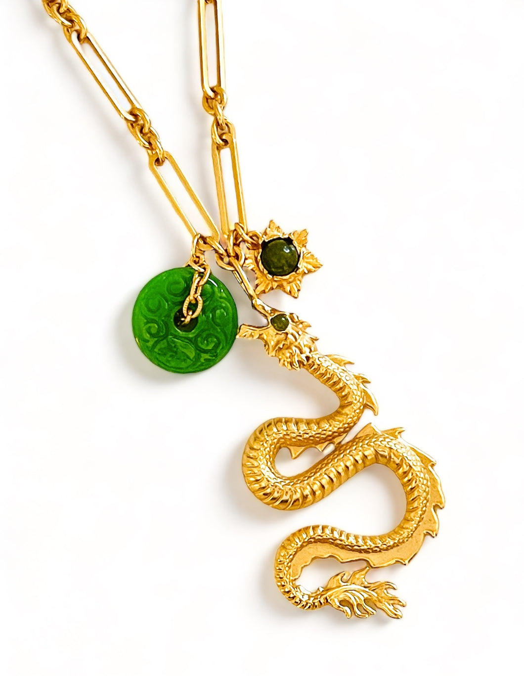 ONLY 1 LEFT!!! Dragon 🐉 with Jade Eye 💚 👁️ & Jade Charms & Carved Jade Disk with SOFIA Chain ✨ Short Necklace 16”-18” 🧧