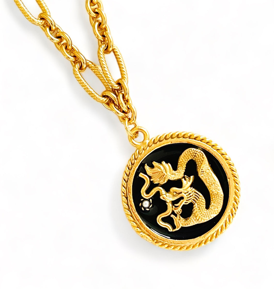 ONLY 1 LEFT!!! Dragon ๐ Black Enamel Disk Charm Pendant with White Pearl & REGINA Chain โจ Long Necklace 30โ ๐งง