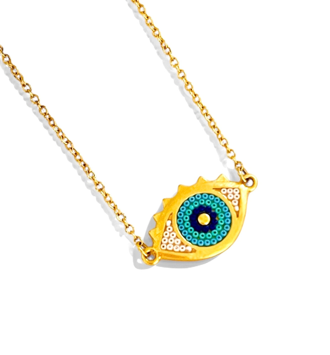 ONLY 1 LEFT!!! EYE 🌟👁️ Necklace ✨with Gold Plate 18K 🧿 with Handmade Beaded Pattern ✨Short 16”-18”