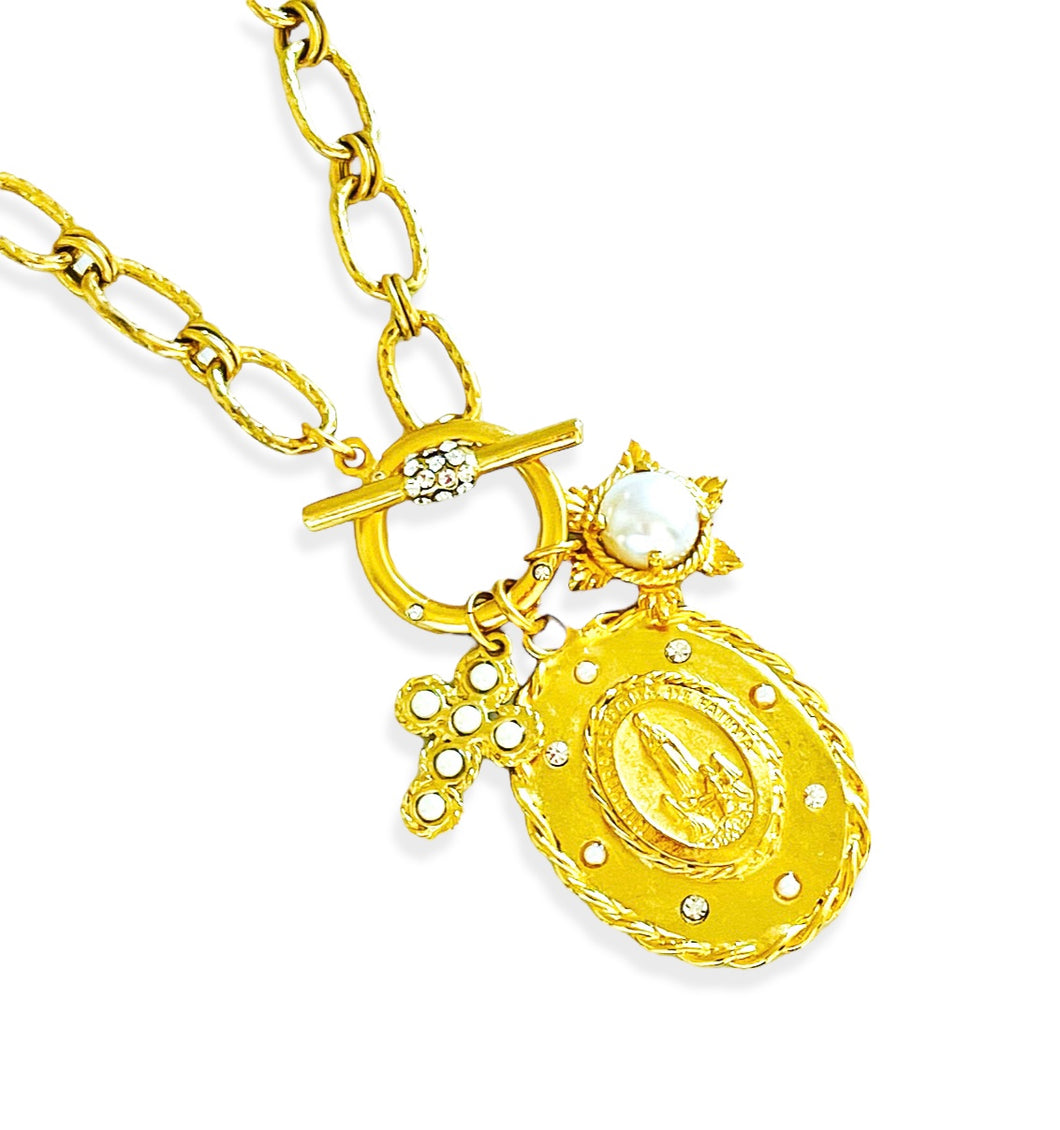 SOLD OUT!!! “Nstra Señora de Fatima” with VALENTINA Chain with Pearl & CZ Inlay & CZ Toggle ✨Charms✨ Short Necklace 20”