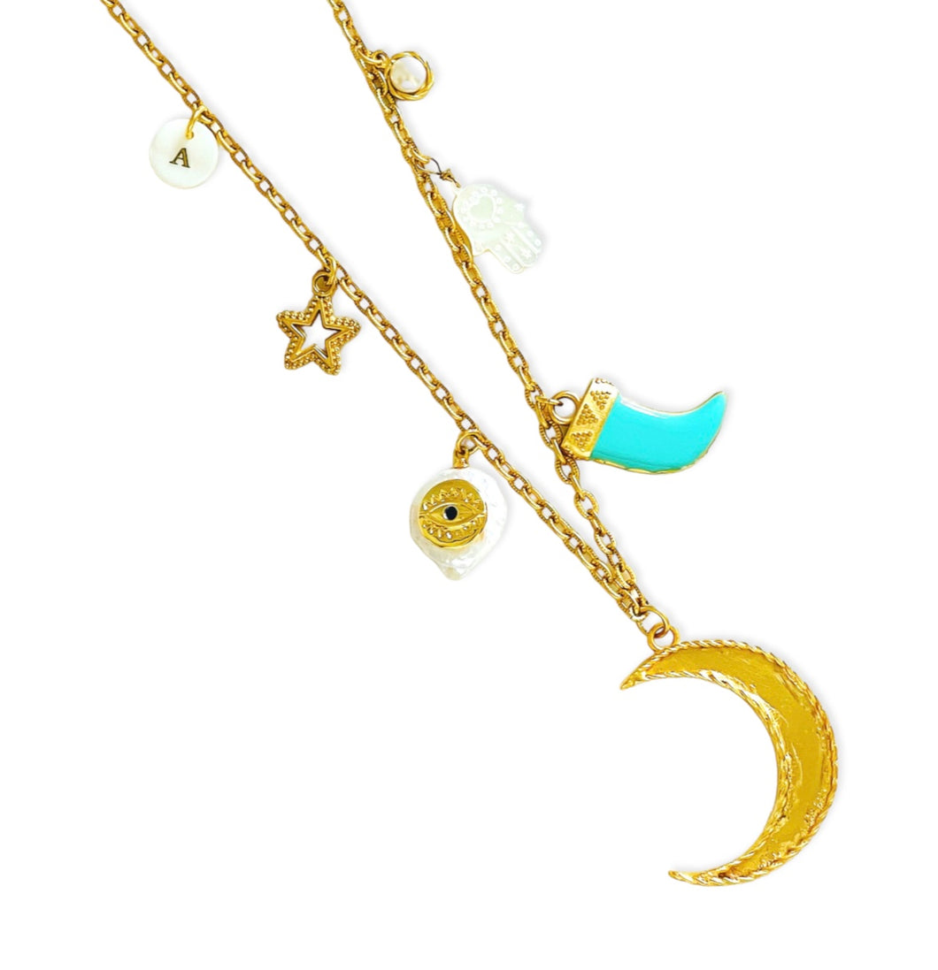 ONLY 1 LEFT!!! Moon π Charm with Star π Tusk-Like Charm π§Ώβ¨ Short Necklace 16β-18β β¨ Choose Initial Below β¬οΈ