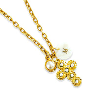 “Crucecita” with CAMILA Chain Cross in Pearl Pave with Signature Texture ✨Short Necklace 16”-18” ✨& FreshWater Shell Initial with Gold Lettering ✨ Choose Initial Below ⬇️