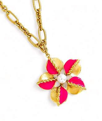 ONLY 2 LEFT!!! Flower with Magenta Enamel with Pearl Center ✨ REGINA Chain Short Necklace 18”-20”