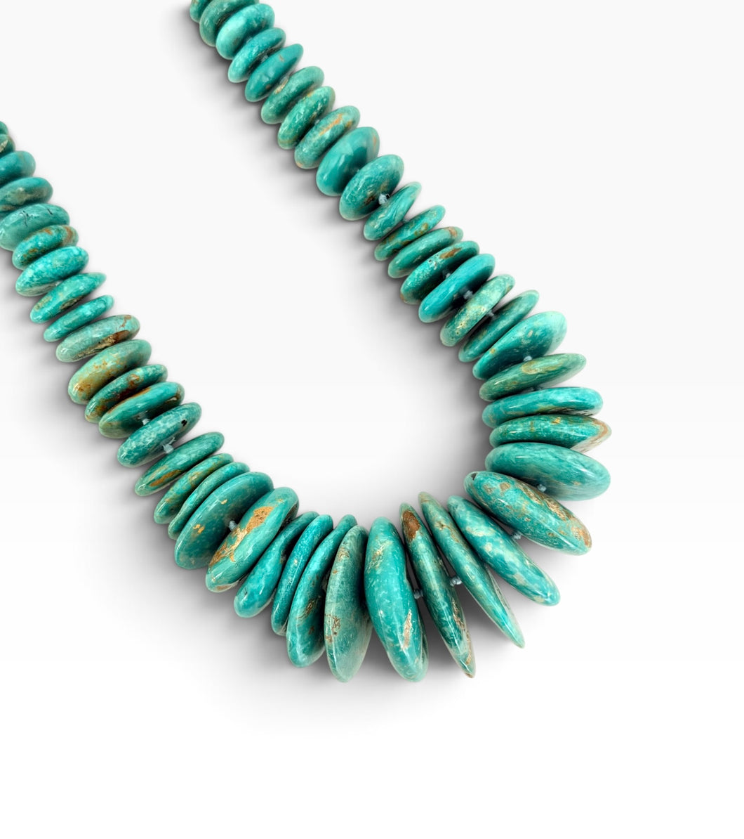 Turquoise Gradated Flat Rondelle with Hand Knotting Necklace Short 20”-22” with Gold 14K Vermeil Closure