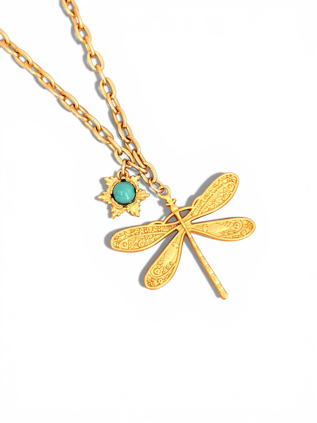 Libelula with Turquoise Star Rays Charm Carola Chain Long Necklace 30”