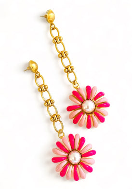 ONLY 1 LEFT!!! Daisy Flower Drop Earrings with Magenta & Pink Enamel