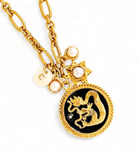 ONLY 1 LEFT!!! Dragon 🐉 Black Enamel Disk Pendant with White Pearl Charms, Initial & REGINA Chain ✨ Short Necklace 20”-22”✨ 🧧 CHOOSE Initial Below ⬇️