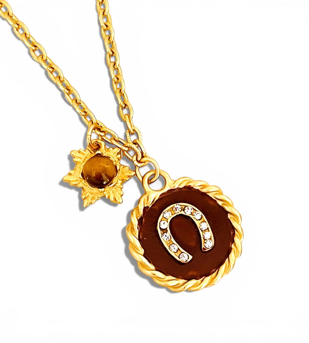 Heradura with Pave & Maroon Hand Painted Enamel 🎨 with Tiger Eye 👁️ Charm Short Necklace on Camila Chain with Initial