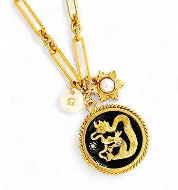 ONLY 1 LEFT!!! Dragon 🐉 Black Enamel Disk Charm Pendant with White Pearl Charm, Initial & SOFIA Chain ✨ Short Necklace 16”-18” ✨ 🧧 CHOOSE Initial Below ⬇️