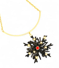 ONLY 1 LEFT!!! BLACK Enamel 🪸 Snowflake Coral Like with Coral Color & Pearl Cabochons Statement Pendant Approx 3.5” ⭐️ Bar & Chain Short Mid-Length Necklace 20-23”